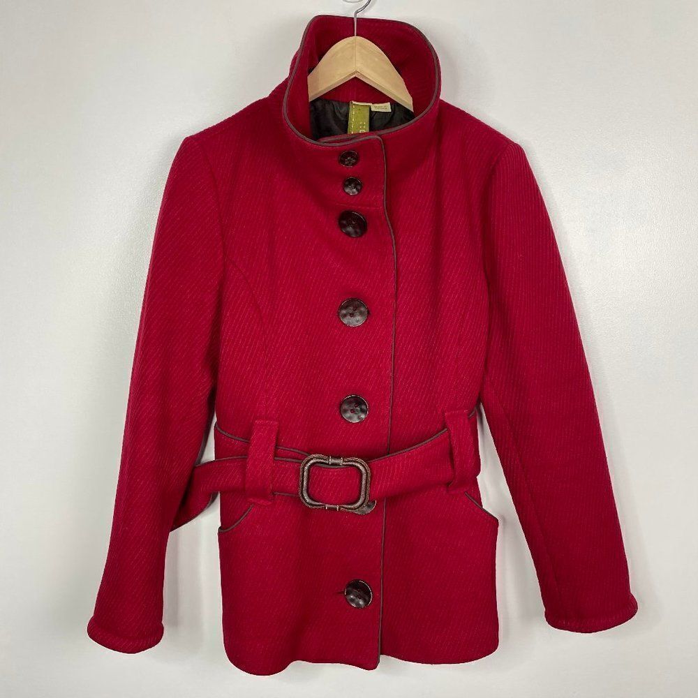 Soia Kyo  Red Belted Ribbed Wool Blend Button Down Jacket Coat Size XL